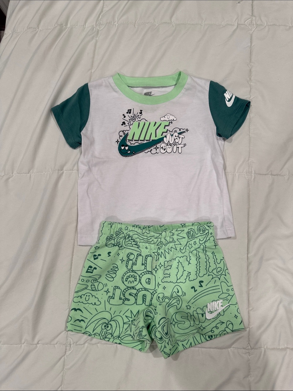 Nike White Tee with Green Accents & Mint Green Doodle Shorts